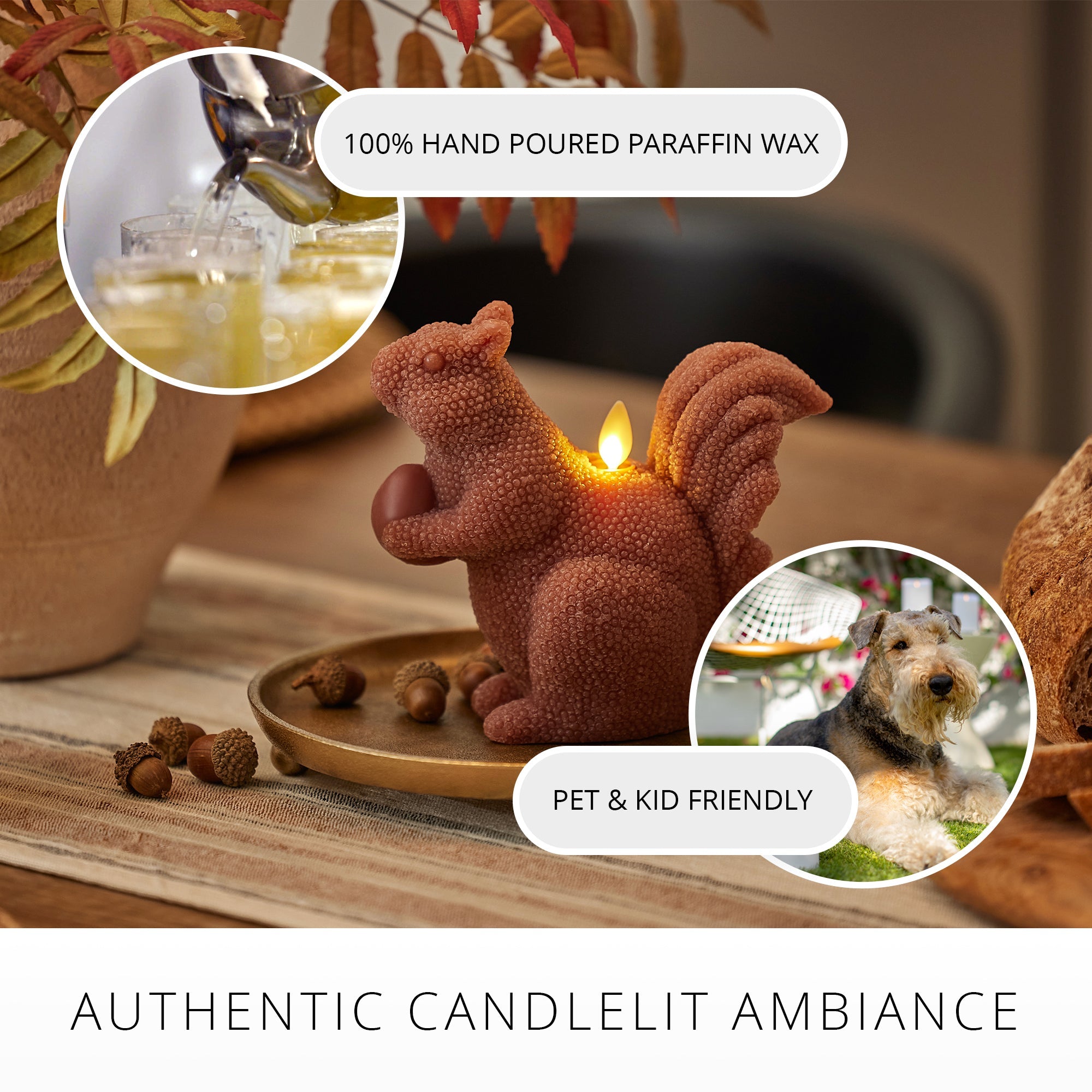 Studded Chestnut Brown Flameless Candle Squirrel