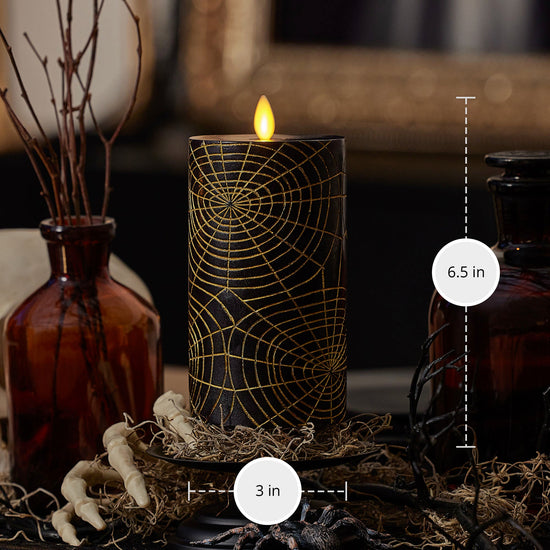 Black and Gold Spider Web Flameless Candle Pillar