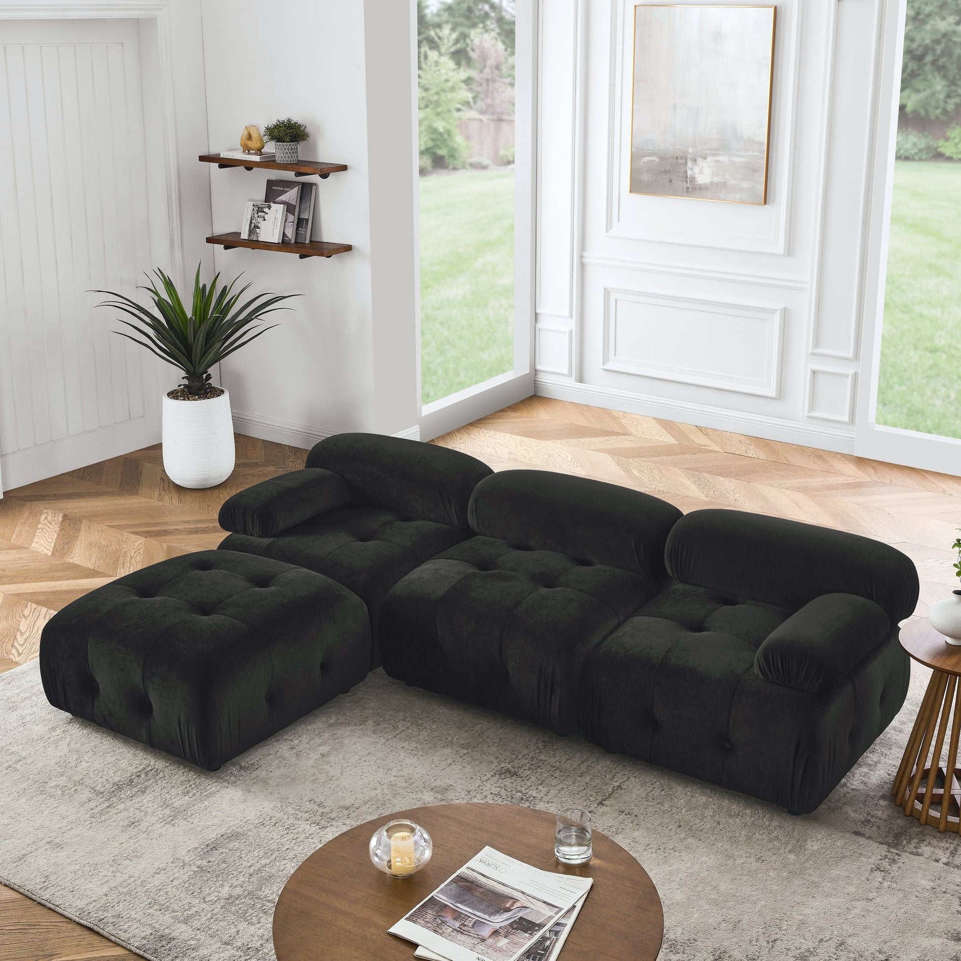 Walker Edison - Modular Sectional Sofa, Button Tufted Designed and DIY Combination, L Shaped Couch with Reversible Ottoman, Black Velvet