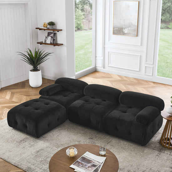 Walker Edison - Modular Sectional Sofa, Button Tufted Designed and DIY Combination, L Shaped Couch with Reversible Ottoman, Black Velvet