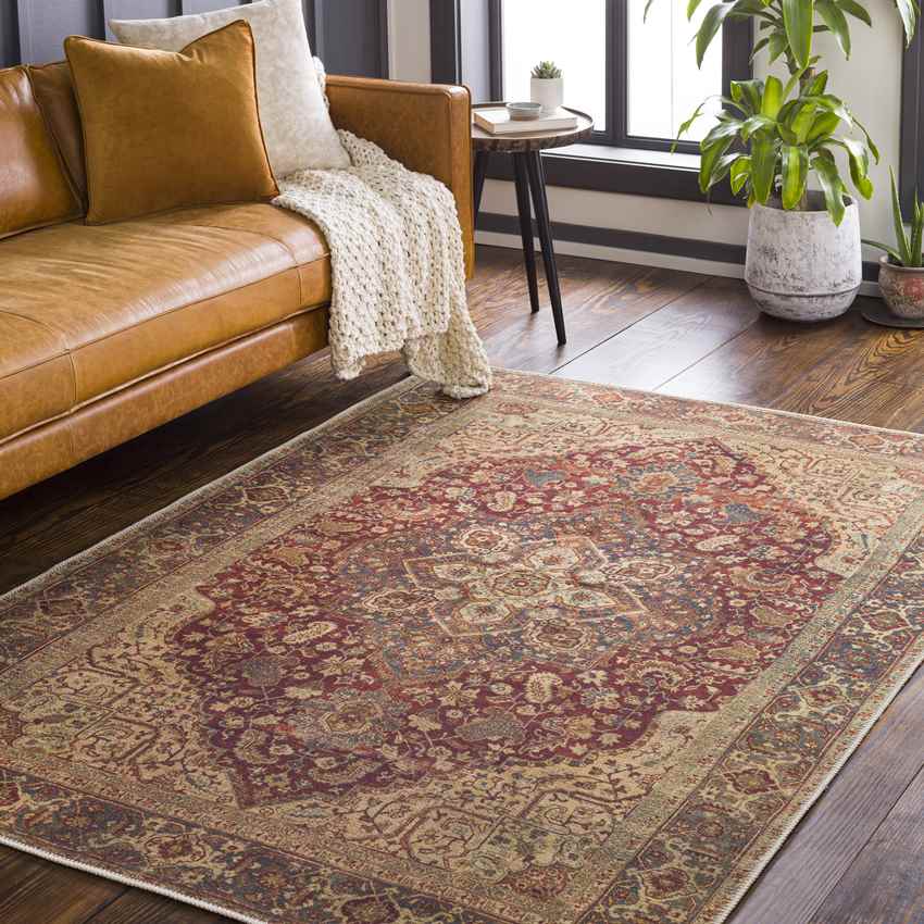 West Peoria Traditional Washable Rug, Burgundy