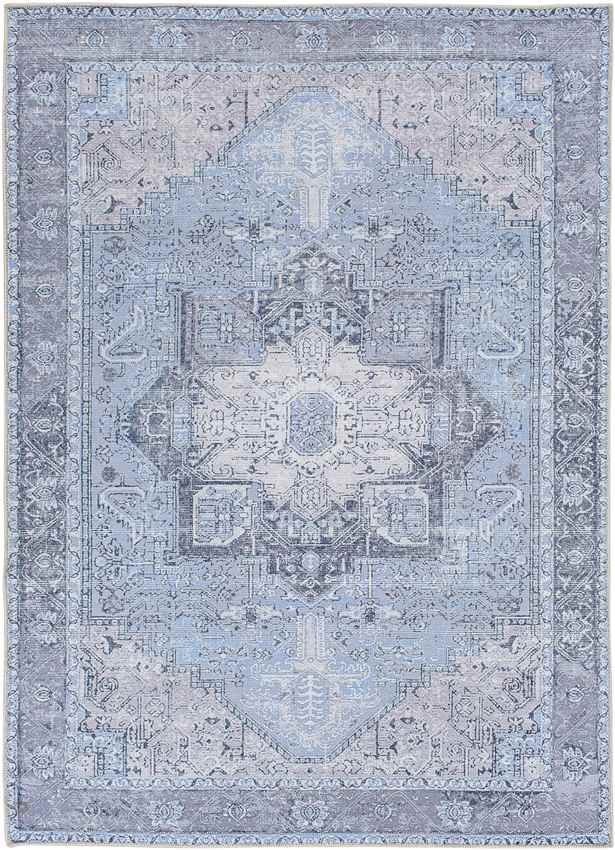 Nora Traditional Washable Mandala Rug, Sky Blue