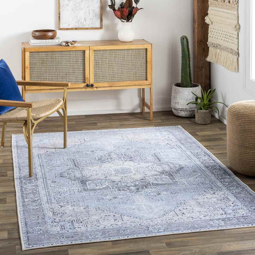 Nora Traditional Washable Mandala Rug, Sky Blue