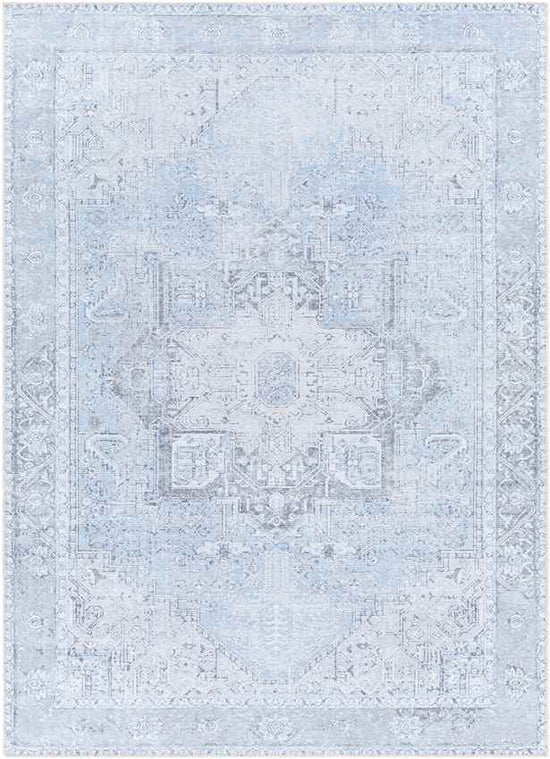 Nora Traditional Mandala Washable Rug, Ice Blue