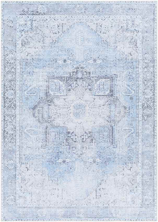 Nora Traditional Mandala Washable Rug, Ice Blue