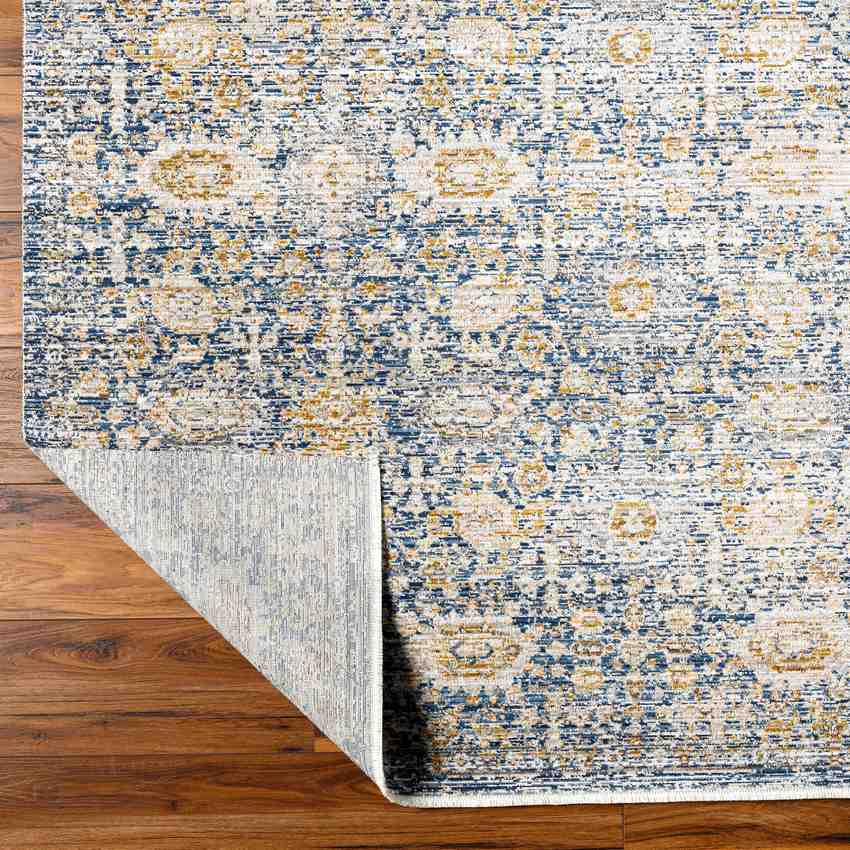 Prentiss Traditional Washable Area Rug, Denim/Sunflower