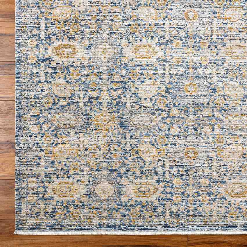 Prentiss Traditional Washable Area Rug, Denim/Sunflower