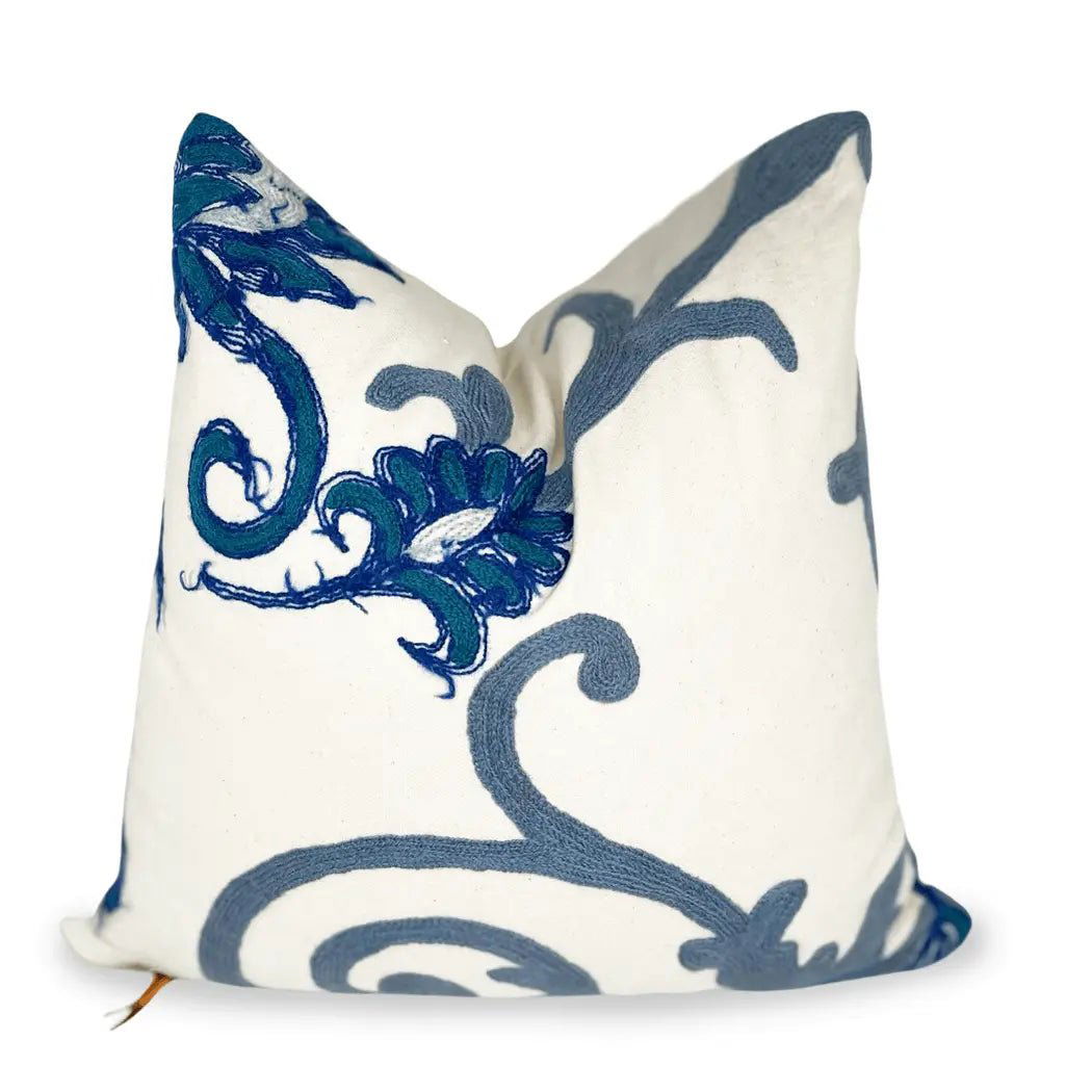 Blue And White  White Floral Embroidered Throw Pillow - Mac & Mabel