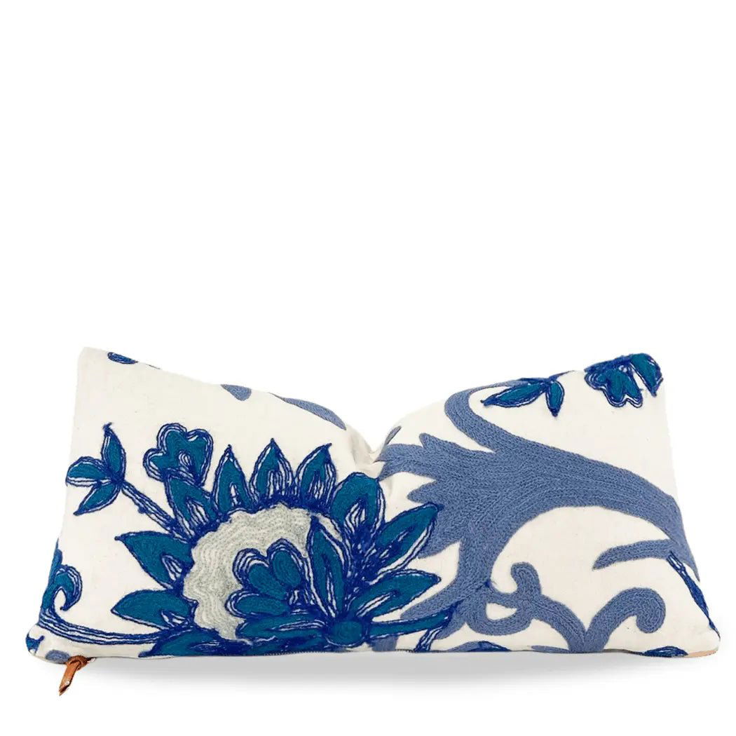 Blue And White  White Floral Embroidered Throw Pillow - Mac & Mabel