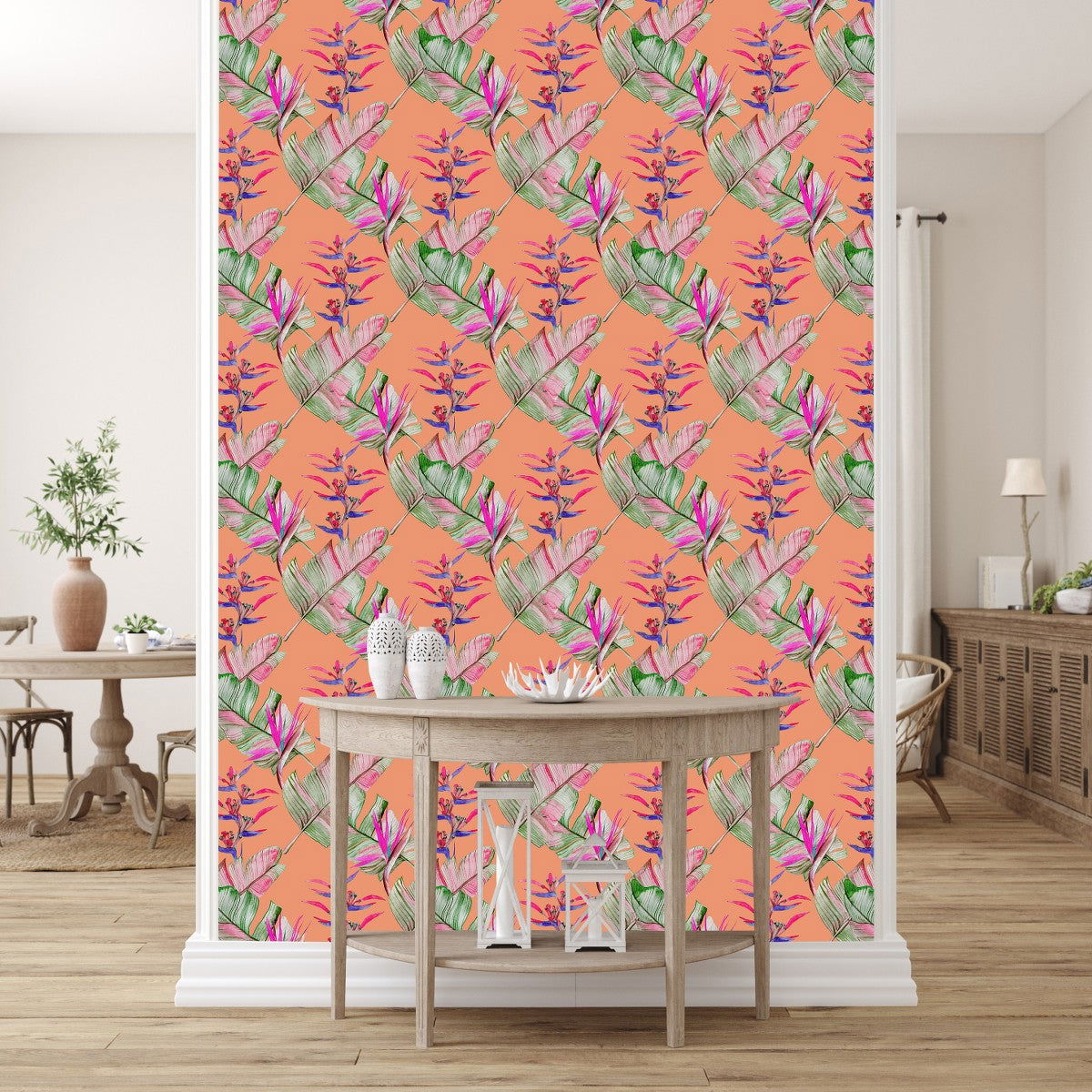 Brightly Orange Wallpaper with Palm Leaves - Mac & Mabel