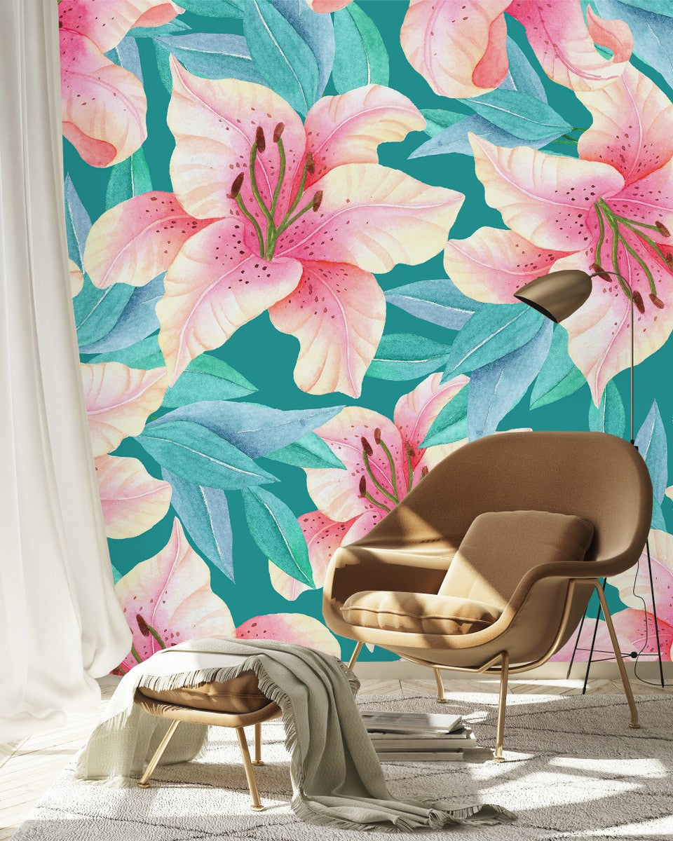 Stylish Modern Pink Lilies Wallpaper