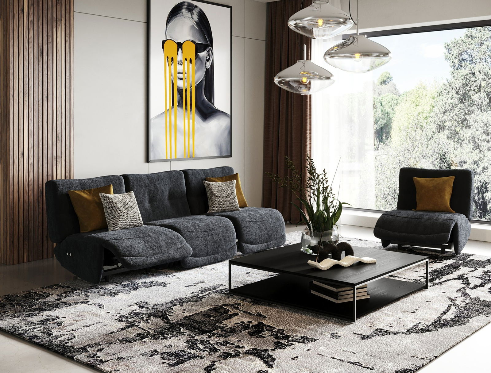 Divani Casa Basil - Modern Dark Grey Fabric Small Sofa With 3 Electric Recliners - Mac & Mabel
