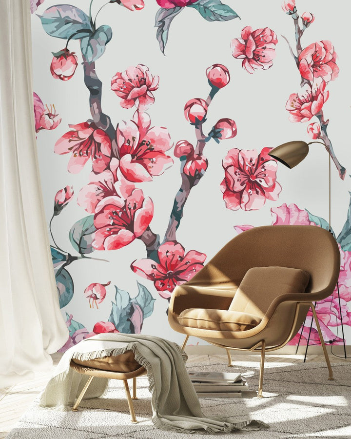 Peonies and Sakura Tree Wallpaper