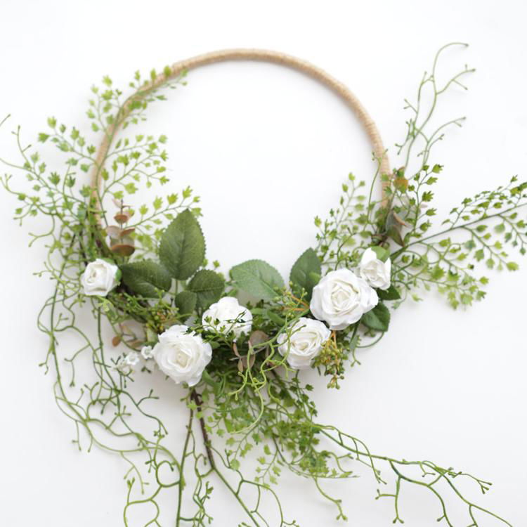 Floral Hoop Artificial White Rose with Greenery Ferns 9" D - Mac & Mabel