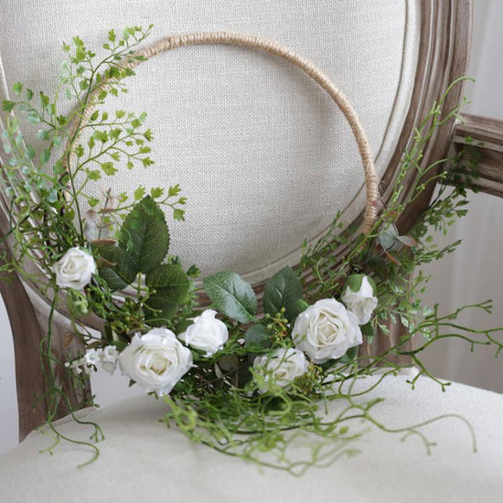 Floral Hoop Artificial White Rose with Greenery Ferns 9" D - Mac & Mabel