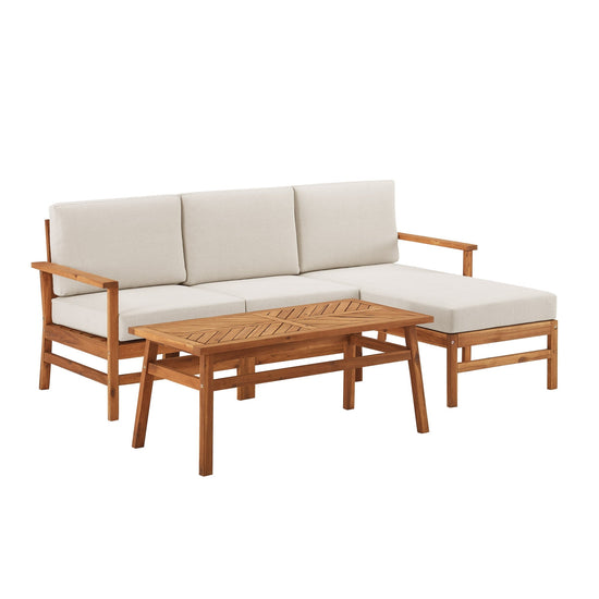 4-Piece Modern Chevron Acacia Outdoor Chaise Sectional with Coffee Table