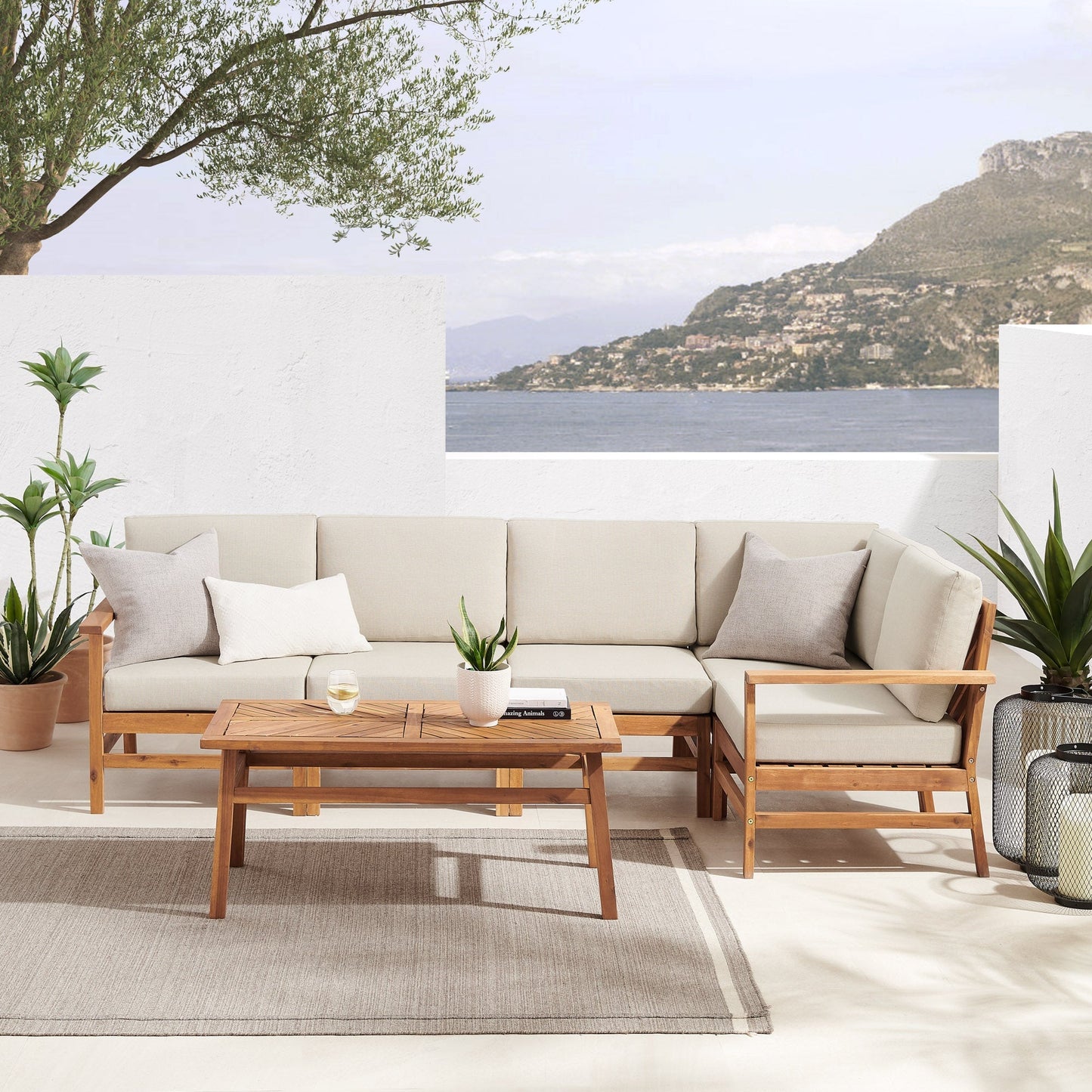 6-Piece Modern Chevron Acacia Outdoor Corner Sectional with Coffee Table
