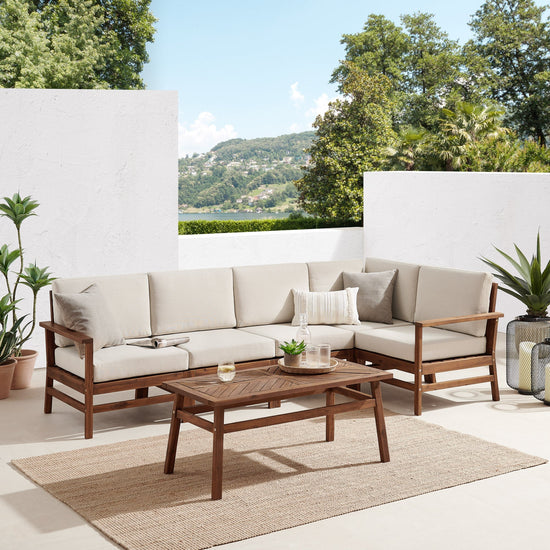 6-Piece Modern Chevron Acacia Outdoor Corner Sectional with Coffee Table