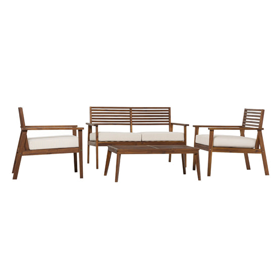 Zander 4-Piece Mid-Century Modern Acacia Outdoor Slat-Back Chat Set with Coffee Table