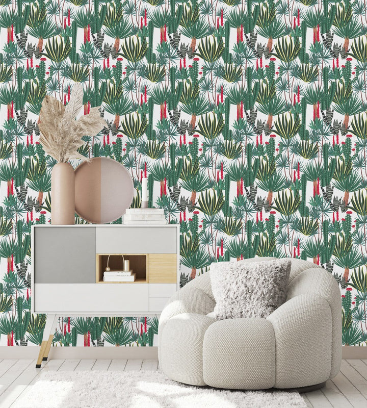 White Wallpaper with Palms and Cactus