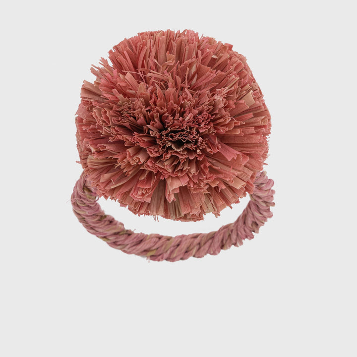 Straw Pompom Napkin Rings, Pink, Set of Four