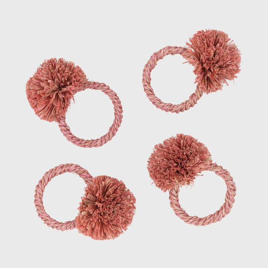 Straw Pompom Napkin Rings, Pink, Set of Four