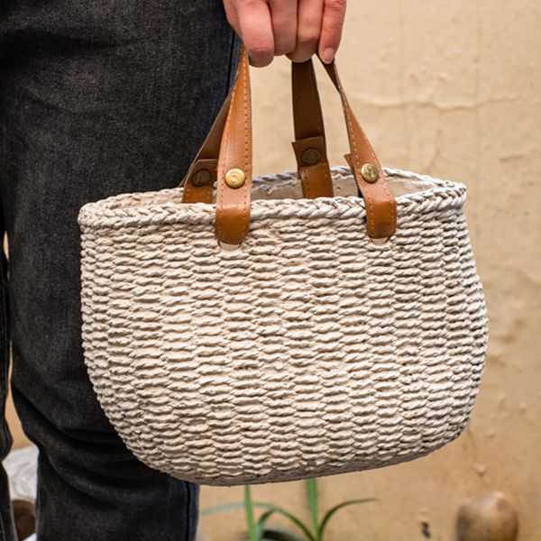 Straw Bag with Faux Leather Handles Cement Planter