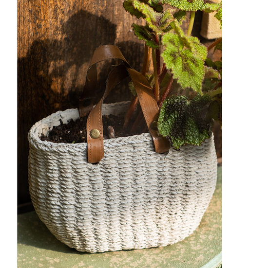 Straw Bag with Faux Leather Handles Cement Planter