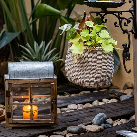 Straw Bag with Faux Leather Handles Cement Planter