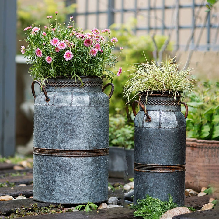 Restoration Flowerpot Gray Brown Round Metal