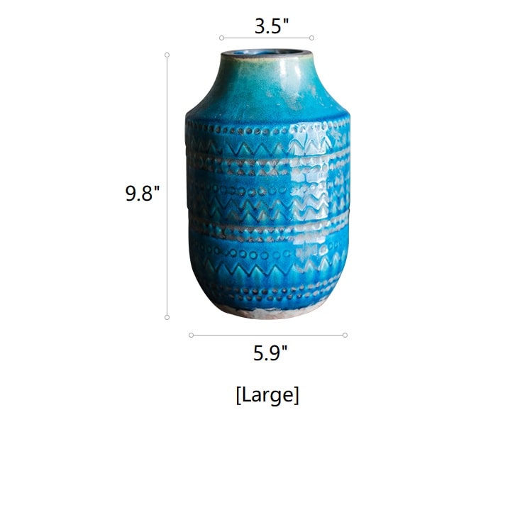 Textured Geometry Pattern Ceramic Vase in Deep Blue