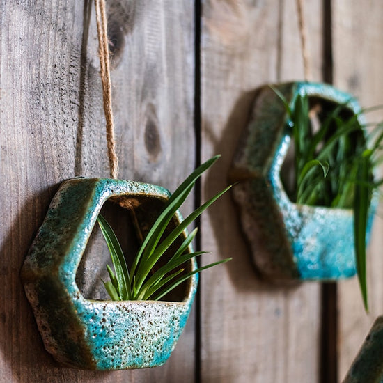 Hanging Hexagon Coarse Ceramic Planter in Green