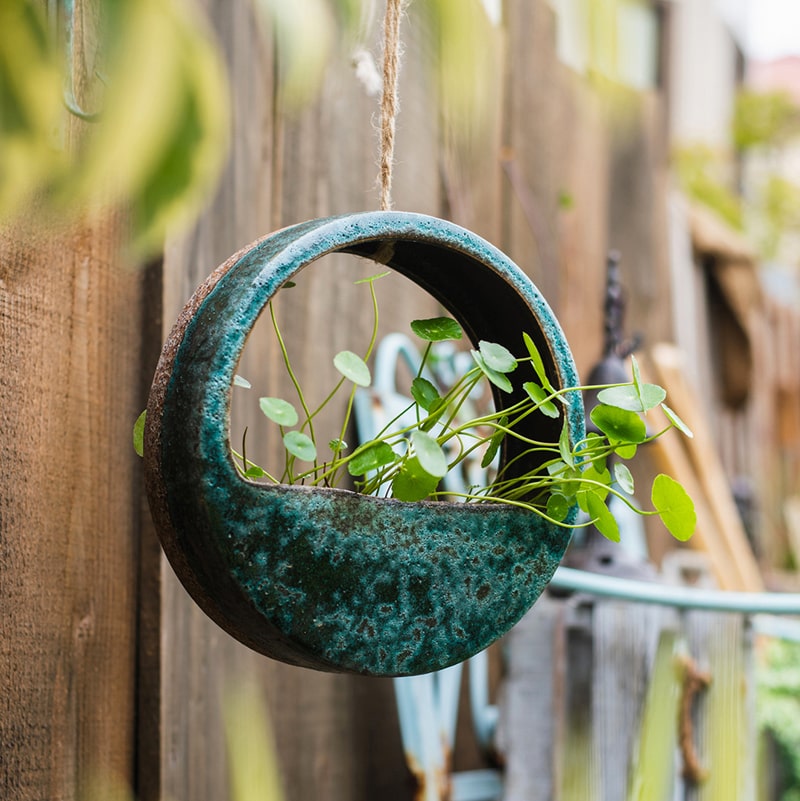 Hanging Half Round Coarse Ceramic Planter in Green