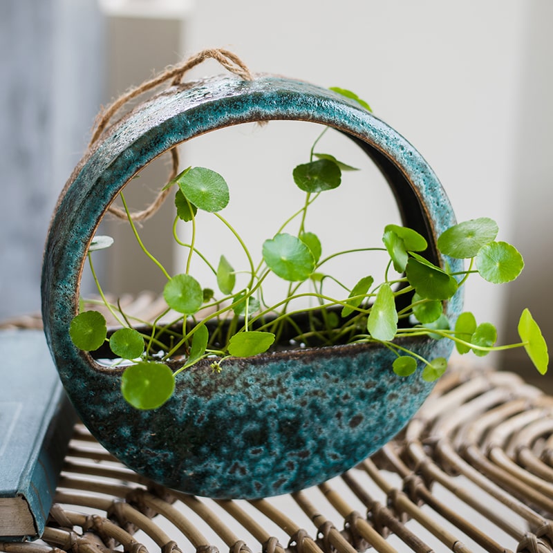 Hanging Half Round Coarse Ceramic Planter in Green