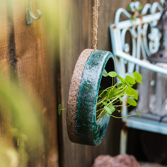 Hanging Half Round Coarse Ceramic Planter in Green