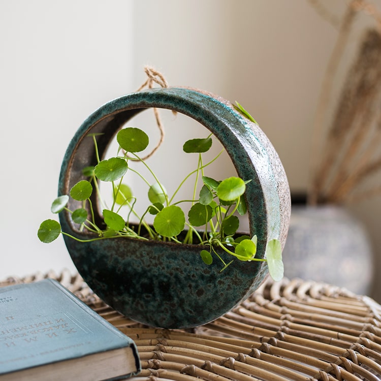 Hanging Half Round Coarse Ceramic Planter in Green