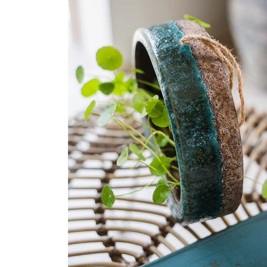 Hanging Half Round Coarse Ceramic Planter in Green