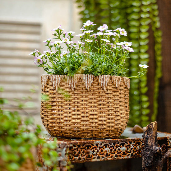 Lady Straw Basket Cement Planter