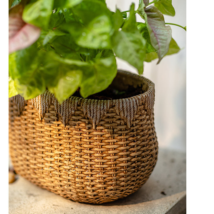 Lady Straw Basket Cement Planter