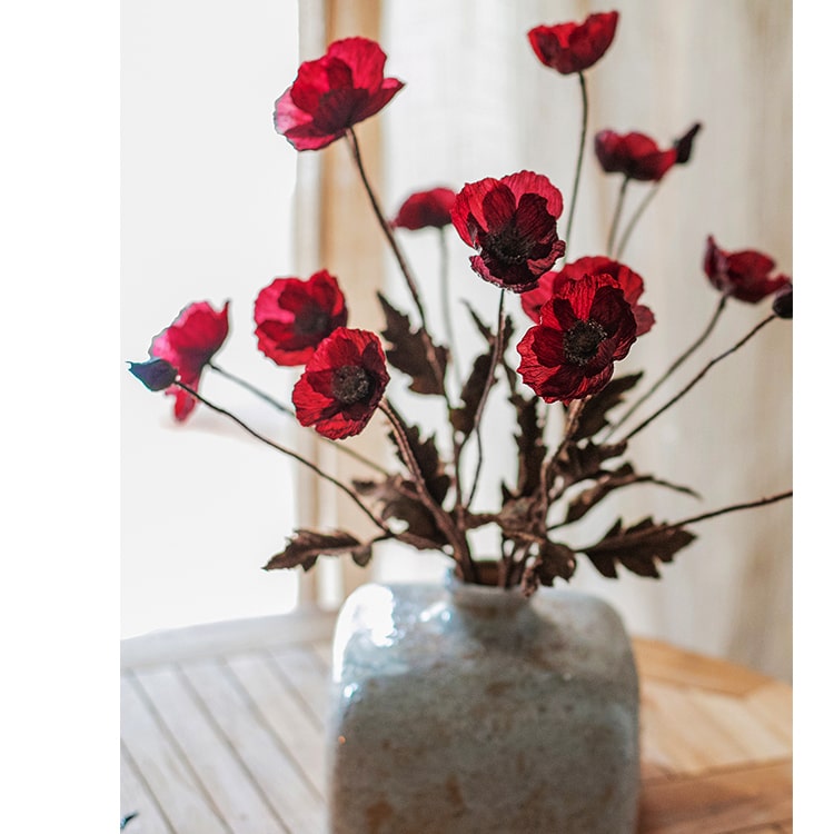 Rustic Poppy Flower Stem in Dark Red, 23"