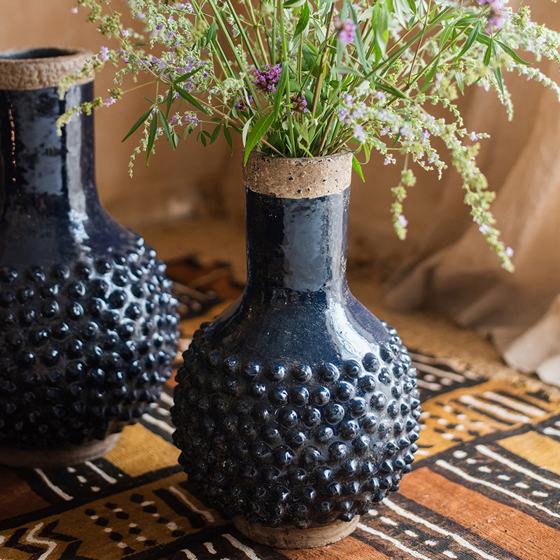 Large Southeast Asian Navy Blue Domo Coarse Pottery Vase