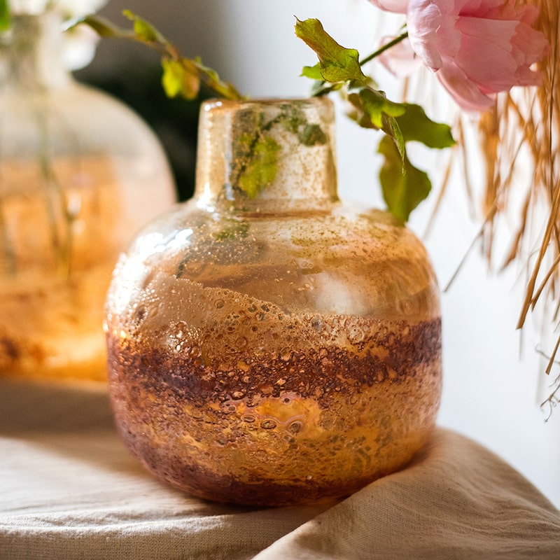 Hand-Blown Bubble Glass Bud Vase Amber