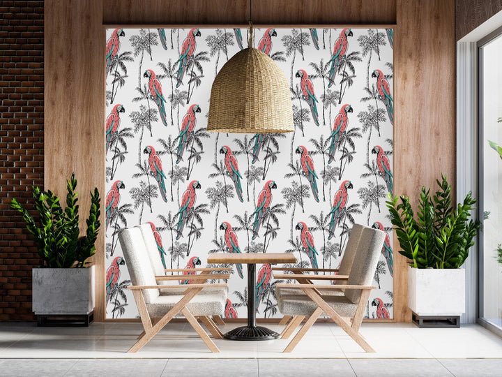 Parrots on Palms Wallpaper