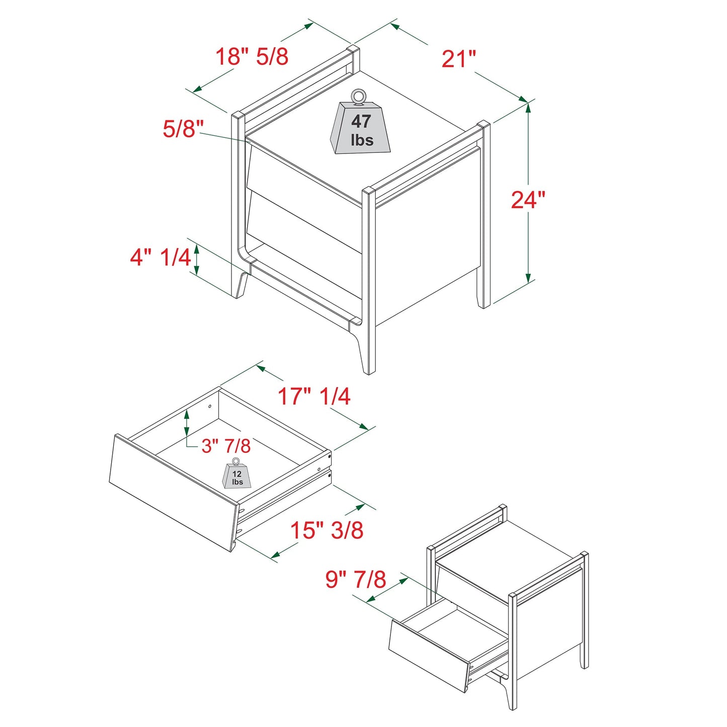 Oswald Mid-Century Modern 2-Drawer Wood Nightstand