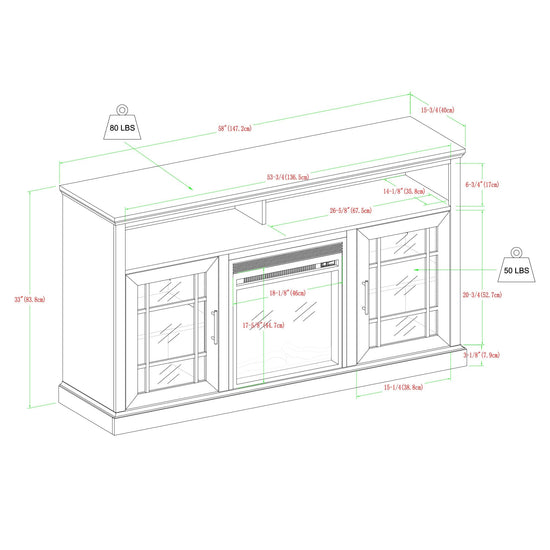 Hazel 58" Classic Glass Door Highboy Fireplace TV Stand