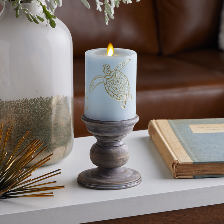 Coastal Blue Flameless Sea Turtle Candle Pillar - Recessed Top