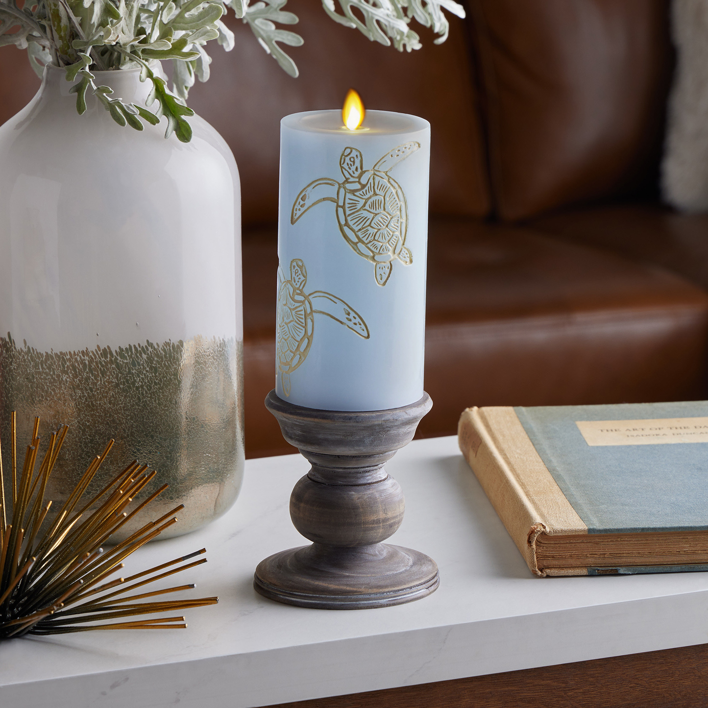 Coastal Blue Flameless Sea Turtle Candle Pillar - Recessed Top