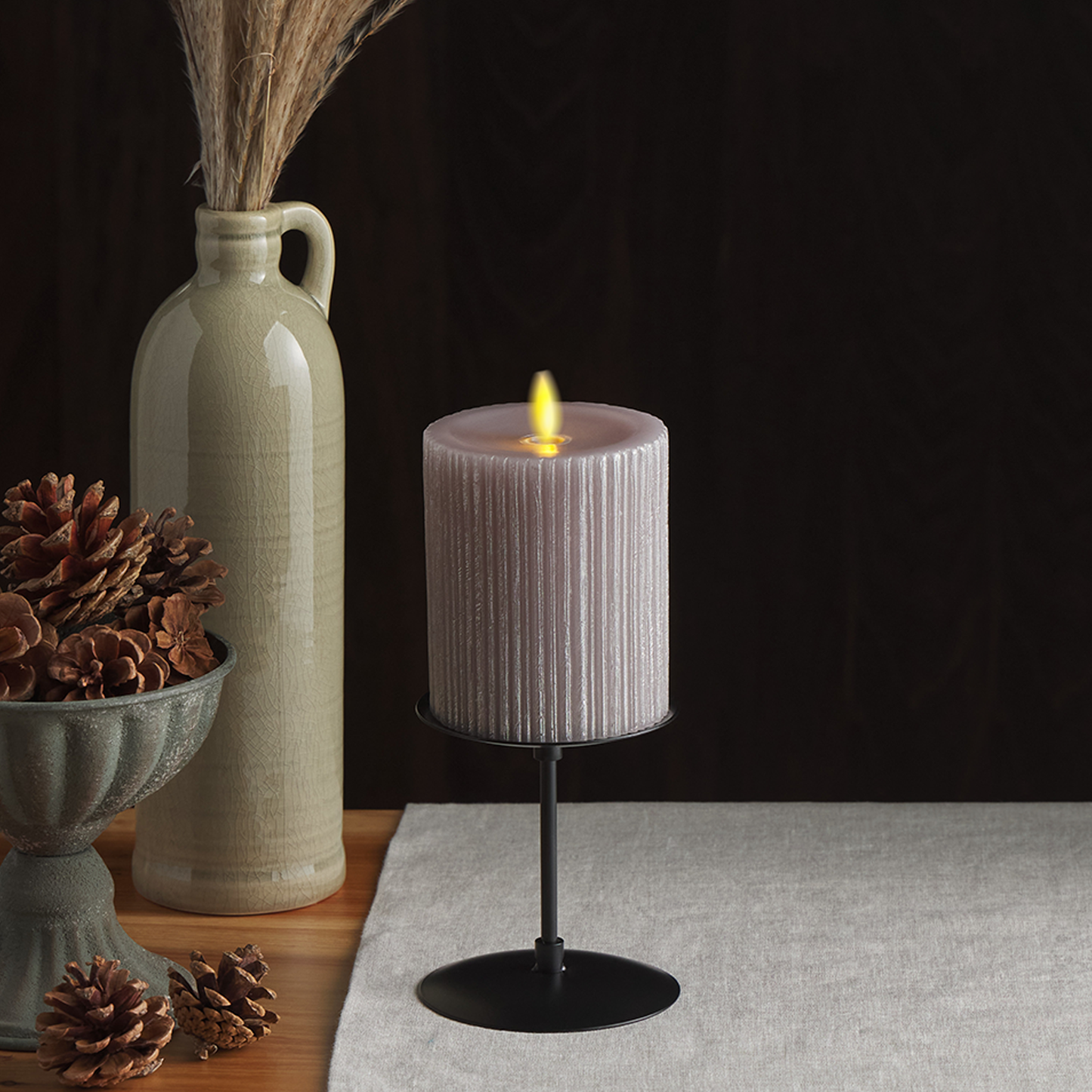 Ribbed Metallic Grey Flameless Candle Pillar