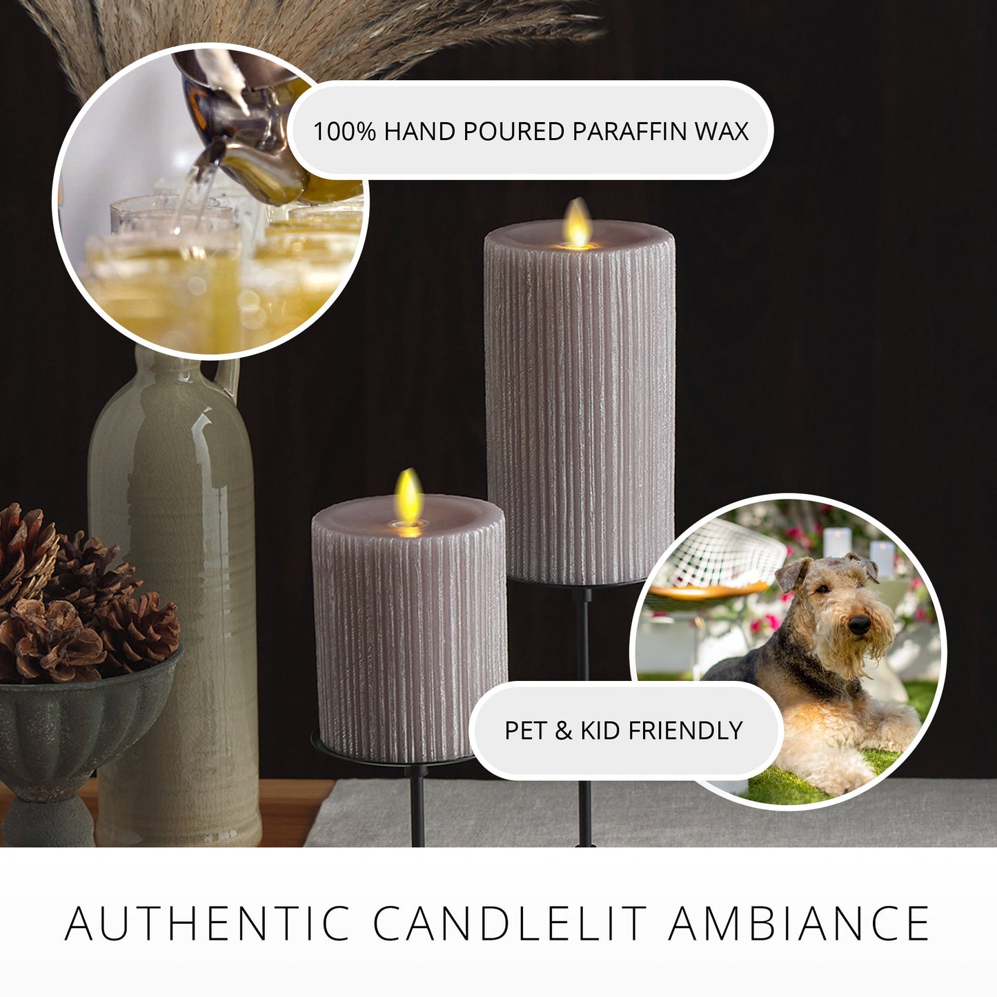 Ribbed Metallic Grey Flameless Candle Pillar