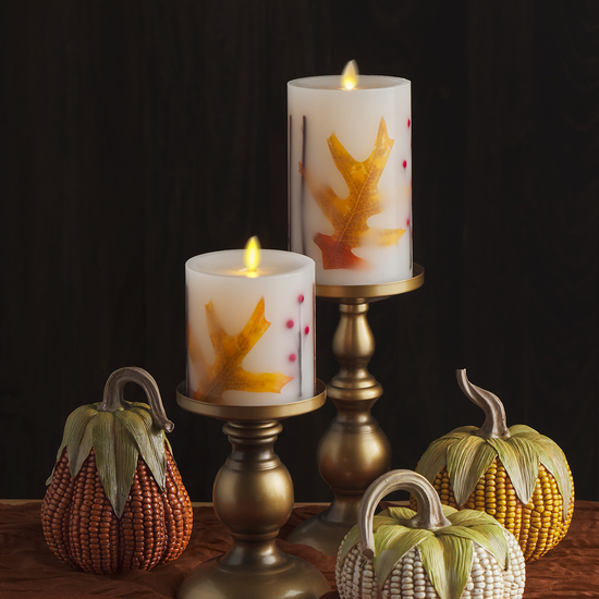 Embedded Fall Leaves & Twigs Flameless Candle Pillar